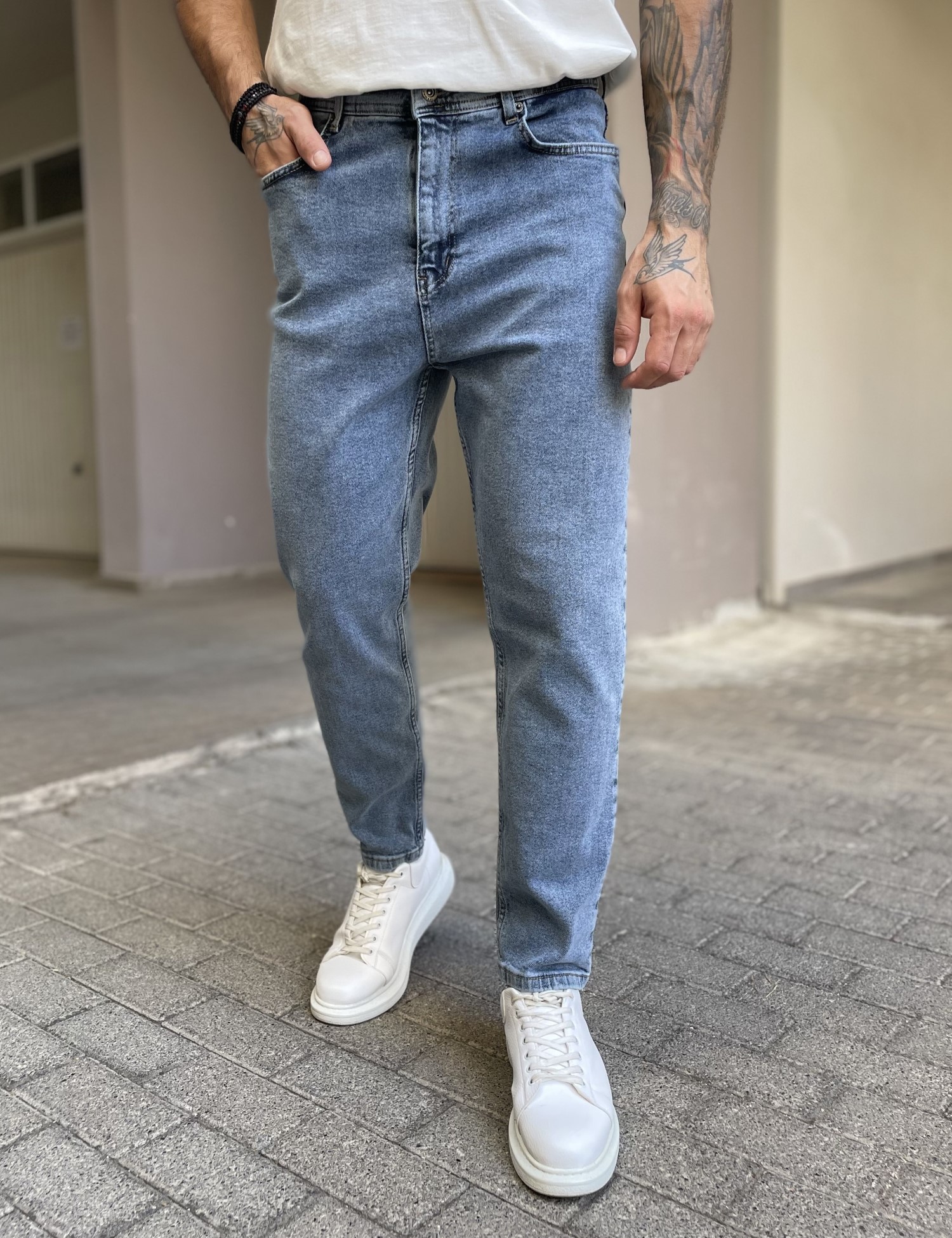 G8 Ανδρικό μπλε πλυμένο ελαστικό loose τζιν πεντάτσεπο με φερμουάρ G88103